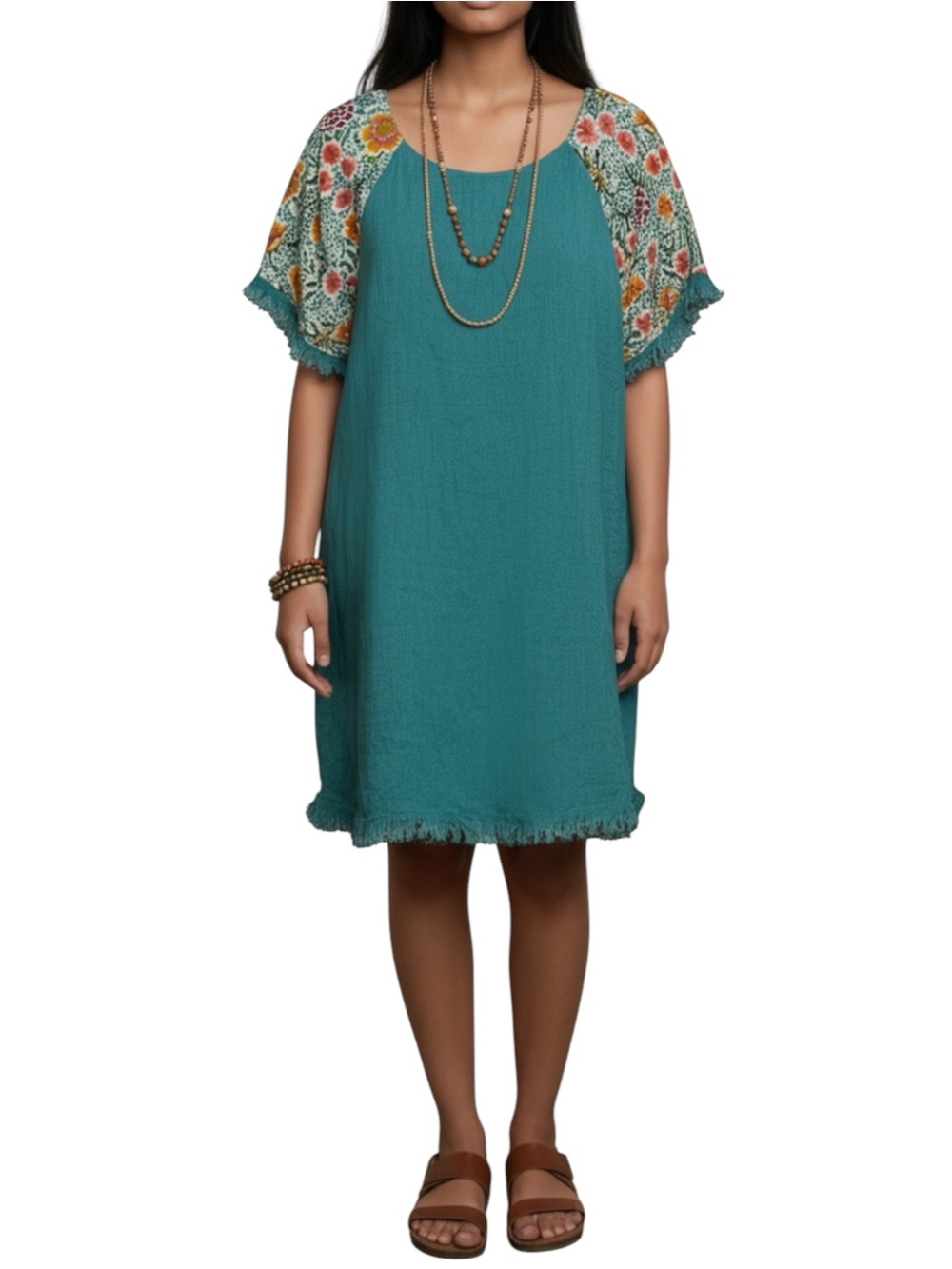 Umgee Boho Floral Indie Sleeze Teal Frayed Hippie Shift Dress